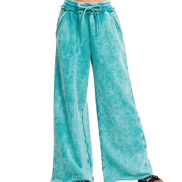 Zenana Outfitters Pants - #303 ACID WASH FLEECE PALAZZO PANTS WITH POCKETS